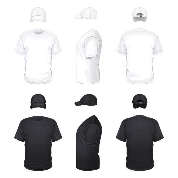 ilustraciones, imágenes clip art, dibujos animados e iconos de stock de blanco y negro camisetas y gorras - baseball cap hat multiple image color image