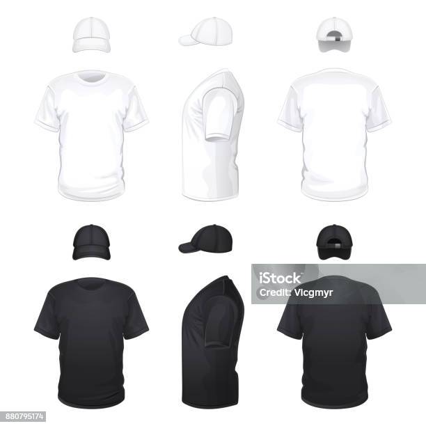 Vetores de Branco E Preto Tshirts E Bonés e mais imagens de Camiseta - Camiseta, Modelo de base, Cor Preta