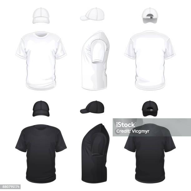 White And Black Tshirts And Caps Stock Illustration - Download Image Now - T-Shirt, Template, Black Color