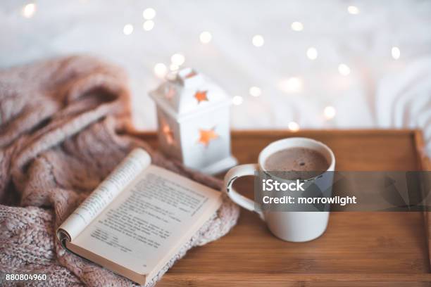 Christmas Cup Of Coffee Stock Photo - Download Image Now - Book, Christmas, Reading