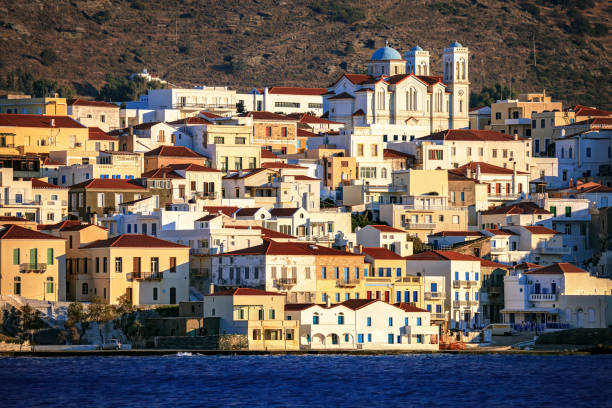 The beautiful town of Chora just before sunset, in Andros island, Cyclades, Greece The beautiful town of Chora just before sunset, in Andros island, Cyclades, Greece andros island stock pictures, royalty-free photos & images