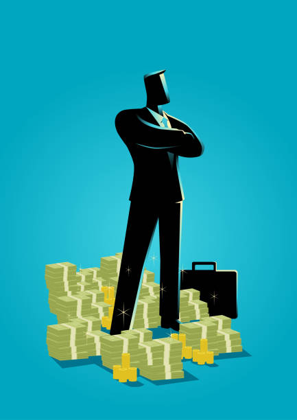 Businessman standing with a lot of money underneath him Business concept illustration of a businessman standing with a lot of money underneath him. bank financial building silhouettes stock illustrations