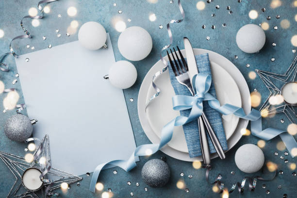 istock Christmas table setting top view. Empty paper blank for holiday menu. 880826000