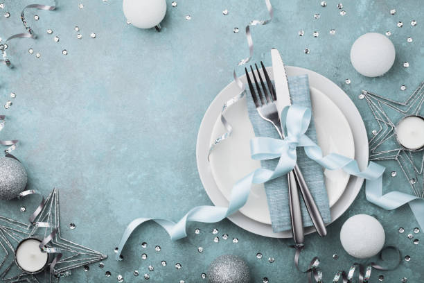 istock Beautiful christmas table setting top view. Copy space for holiday menu. 880826032