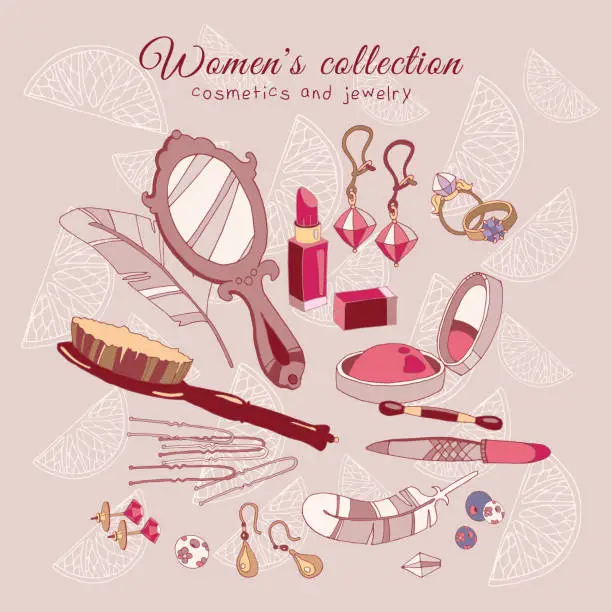 Vector illustration of Women's collection make up cosmetics and jewelery, hand drawn female fashion accessories vector