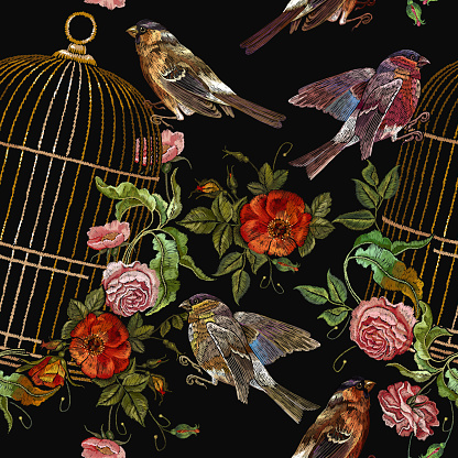 Embroidery birds and birds cage and flowers seamless pattern. Classical embroidery bullfinch and titmouse, golden cage, vintage buds of wild roses. Template for design of clothes, t-shirt