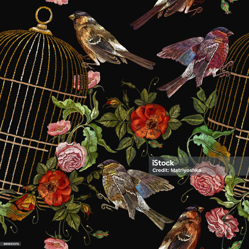 Embroidery birds and birds cage and flowers seamless pattern. Classical embroidery bullfinch and titmouse, golden cage, vintage buds of wild roses. Template for design of clothes, t-shirt Bird stock vector