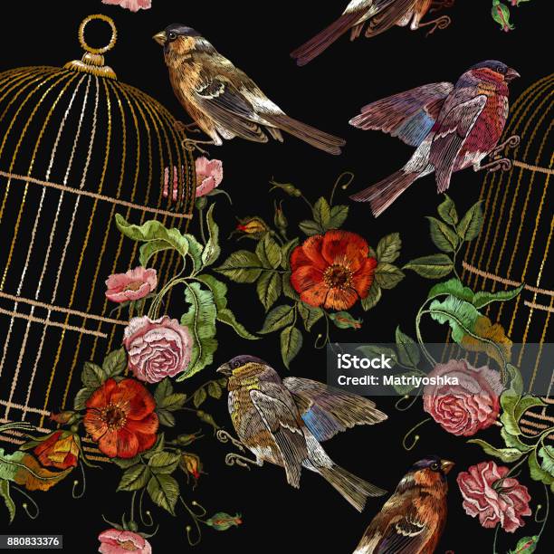 Embroidery Birds And Birds Cage And Flowers Seamless Pattern Classical Embroidery Bullfinch And Titmouse Golden Cage Vintage Buds Of Wild Roses Template For Design Of Clothes Tshirt Stock Illustration - Download Image Now
