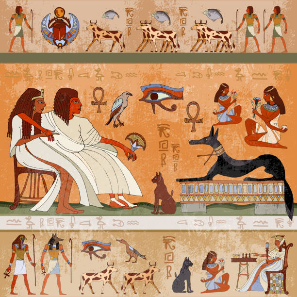 Ancient egypt scene. Egyptian gods and pharaohs. Murals ancient Egypt. Hieroglyphic carvings on the exterior walls of an ancient egyptian temple Ancient egypt scene. Egyptian gods and pharaohs. Murals ancient Egypt. Hieroglyphic carvings on the exterior walls of an ancient egyptian temple ancient egyptian art stock illustrations