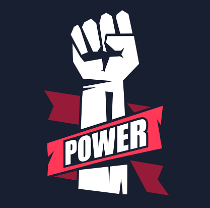 Fist emblem illustration on dark background. Power sign
