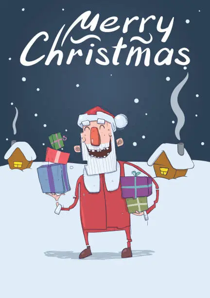 Vector illustration of Christmas card of funny smiling Santa Claus. Santa Claus brings presents in colorful boxes. Snowy night, festive houses. Vertical vector illustration. Cartoon character with lettering. Copy space.