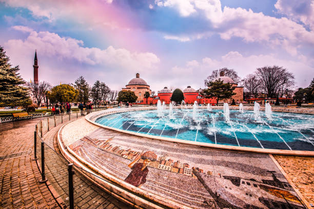 Sultanahmet Park with view of Blue Mosque also called Sultan Ahmed Mosque or Sultan Ahmet Mosque with fountain in the foreground, Istanbul, Turkey.MARCH 11,2017