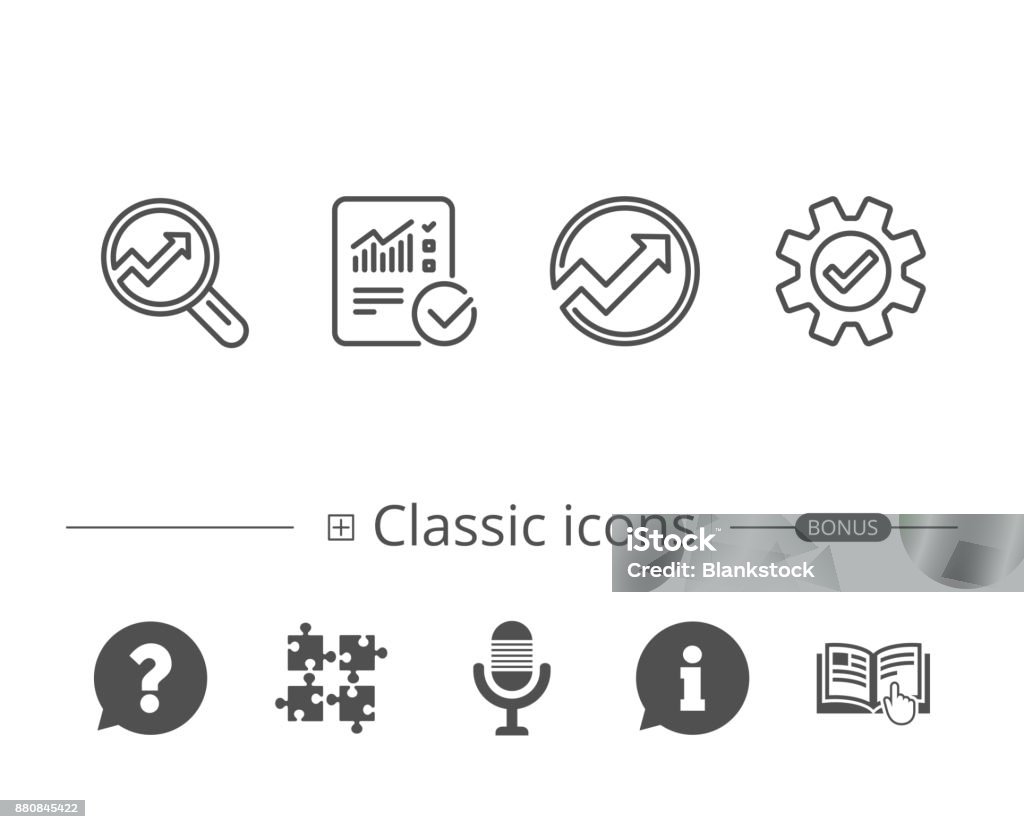 Analysis line icons. Chart, Report and Service. Analysis, Statistics line icons. Chart, Report and Service signs. Data and Presentation symbols. Information speech bubble sign. And more signs. Editable stroke. Vector Audit stock vector