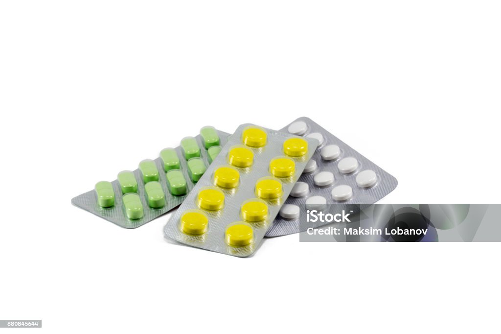 Colorful pills Colorful pills strips isolated on white background Antibiotic Stock Photo