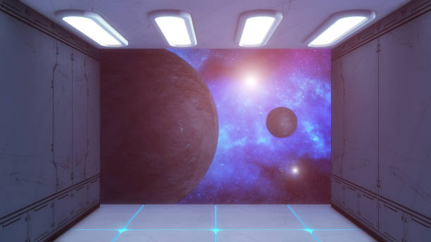 istock 3D rendering. Futuristic spaceship interior corridor 880860386