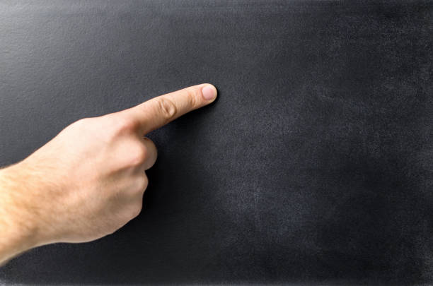 Teacher pointing empty blackboard. Hand and finger on a blank chalkboard. Negative copy space.