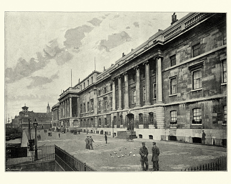 Custom House, City of London, 19th Century. The Custom House, on the north bank of the Thames in the City of London was formerly in use for the collection of customs duties.