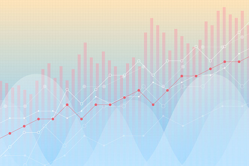 Financial growth, revenue graph, vector illustration. Trend lines, columns, market economy information background, bright colors, visual diagram. Chart analytics, strategy concept.
