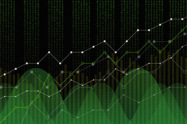 aktienmarkt einnahmen grafik, vektor-illustration. grüne zahlen spalte, aufwärtstrend linien handel bildschirm konzept auf schwarzem hintergrund. digitale abbildung für umsatzwachstum. - finance technology growth chart stock-grafiken, -clipart, -cartoons und -symbole