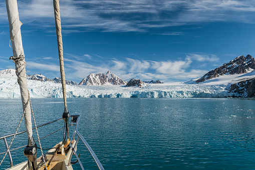 Expedition to northern Svalbard by sailing boat, northern fjord with beautiful glacier