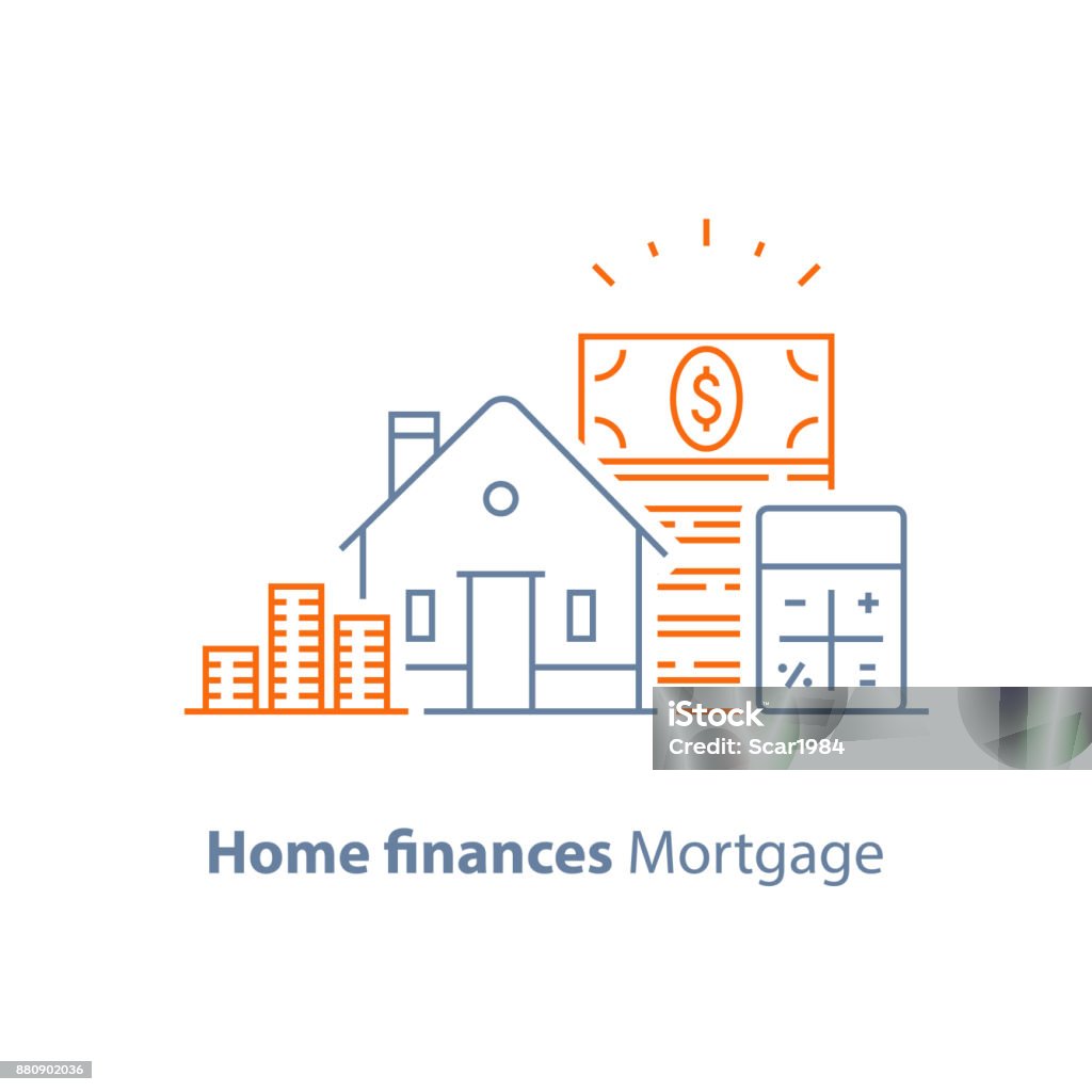 Acompte, prêt immobilier, taux d’intérêt réduit, icône ligne calculatrice d’hypothèque - clipart vectoriel de Emprunt immobilier libre de droits
