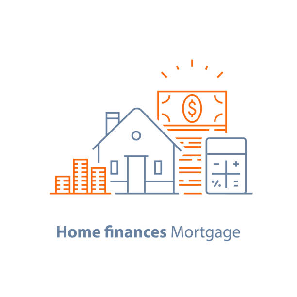 ипотечный аванс, ипотечный кредит, низкая процентная ставка, значок линии калькулятора - loan house calculator currency stock illustrations