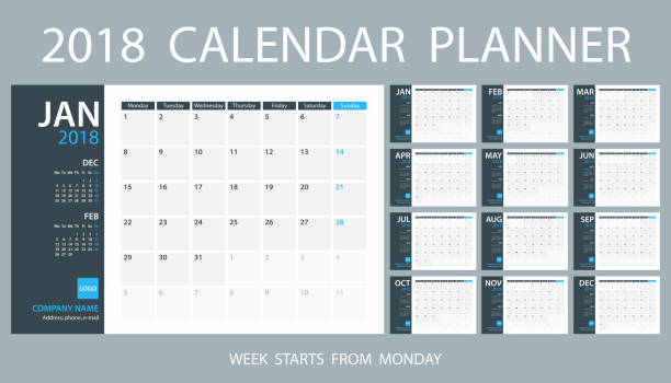 Calendar Planner Template 2018. Week starts Monday Calendar Planner Template 2018 - Vector Illustration 2018 calendar stock illustrations