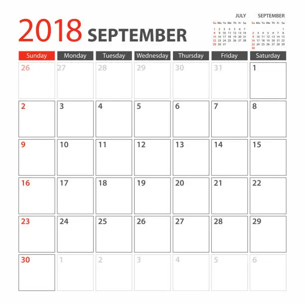 Vector illustration of Calendar Planner Template 2018 September. Week starts Sunday