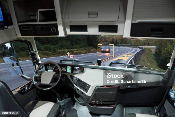 Self Driving Truck With Head Up Display On A Road Stock Photo - Download Image Now - Truck, Autonomous Technology, Driverless Transport