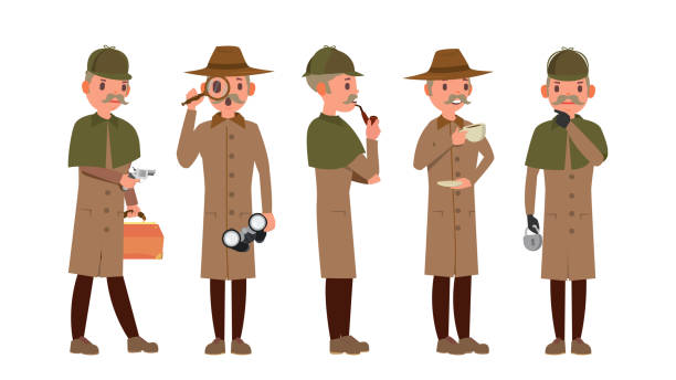 Classic Detective Vector. Retro Professional Funny Snoop, Shamus. Loking Through Magnifying Glass. Sleuthing, Disguising. Flat Cartoon Illustration Detective Vector. Professional Vintage Tec, Snoop, Shamus, Spotter Man. Isolated Flat Cartoon Character Illustration njemp tribe stock illustrations