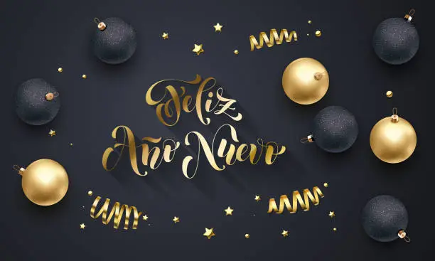 Vector illustration of Feliz Anno Nuevo Spanish Happy New Year golden decoration, hand drawn gold calligraphy font for greeting card black background. Vector Christmas or Xmas holiday gold star shiny confetti decoration