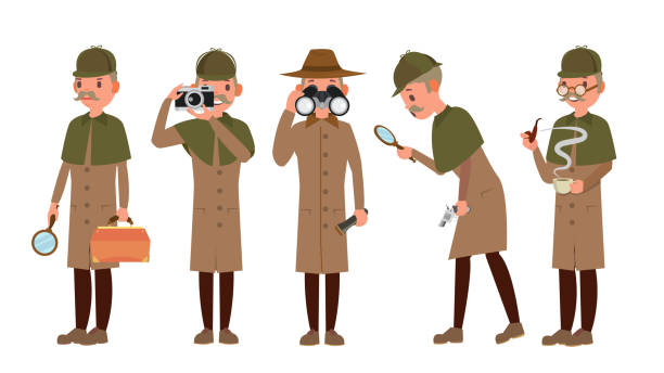 Detective Character Vector. Shamus, Spotter Man. Classic Detective Equipment. Isolated On White Cartoon Illustration Classic Detective Vector. Retro Professional Funny Snoop, Shamus. Loking Through Magnifying Glass. Sleuthing, Disguising. Flat Cartoon Illustration njemp tribe stock illustrations