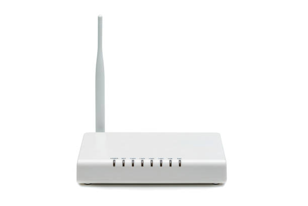 weißen wireless internet-router isoliert auf weißem hintergrund - modem stock-fotos und bilder