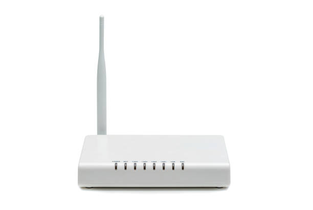 router internet wireless bianco isolato su sfondo bianco - modem wireless technology wlan communication foto e immagini stock