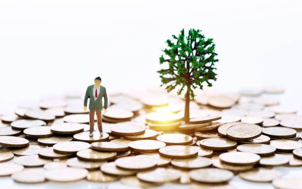 figurka biznesmena stojąca na monetach - figurine small plastic businessman zdjęcia i obrazy z banku zdjęć