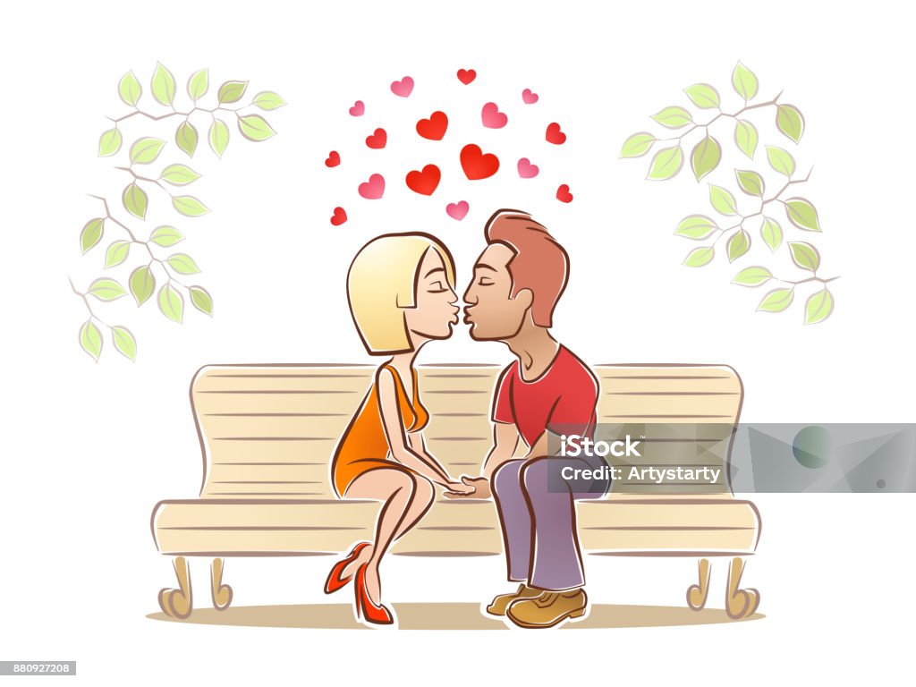 Kissing Couple Stock Illustration - Download Image Now - Couple -  Relationship, Bench, Face To Face - iStock