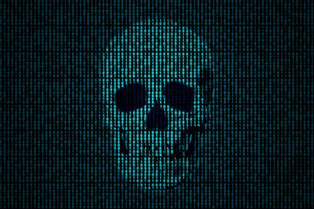 Human skull getting out of the binary code.