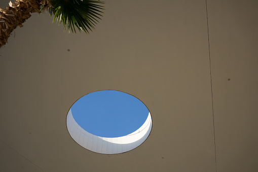 hole in ceiling with palm and blue sky looking through