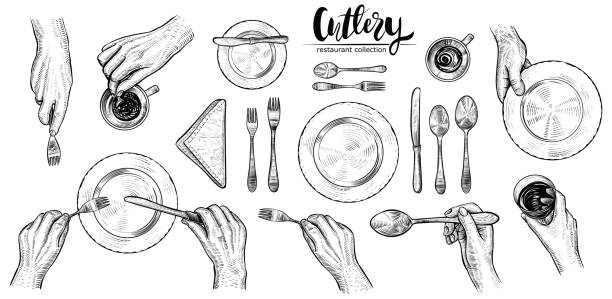 illustrations, cliparts, dessins animés et icônes de mains avec des couverts, vecteur ligne illustrations. vue de dessus sur le réglage de la table à manger les gens. - table knife