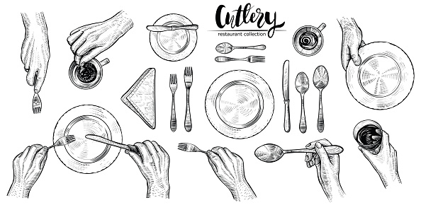 Hands with cutlery, vector line illustrations. Top view on table setting with dining people.