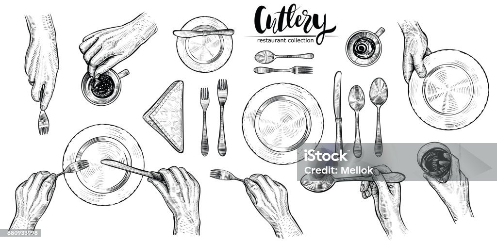 Hands with cutlery, vector line illustrations. Top view on table setting with dining people. Hands with cutlery, vector line illustrations. Dining people, top view on table setting with human wrists, spoon, fork, knife, napkin, wine glass and cup. Engraved monochrome style. Plate stock vector