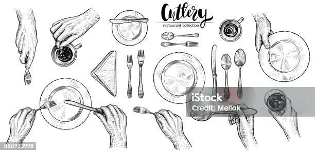 Hands With Cutlery Vector Line Illustrations Top View On Table Setting With Dining People Stock Illustration - Download Image Now