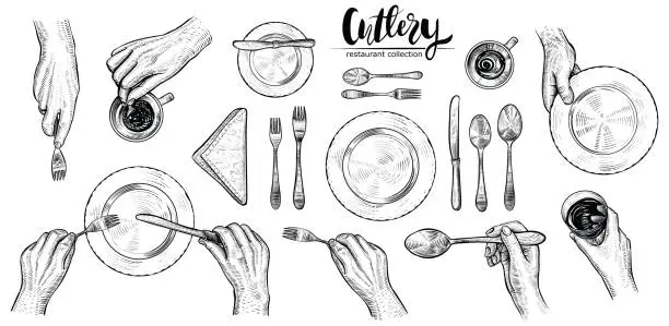 Vector illustration of Hands with cutlery, vector line illustrations. Top view on table setting with dining people.