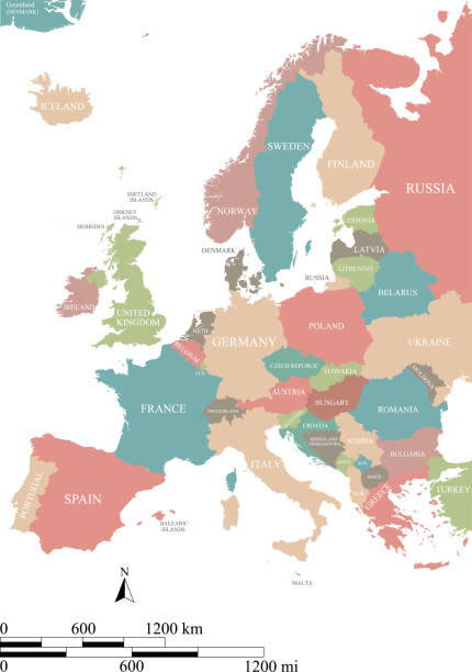 다채로운 지도 유럽 국가 벡터 개요 그림 배경. 유럽 지도 규모 작성법 유럽 지도 규모 마일과 킬로미터 - scotland cyprus stock illustrations