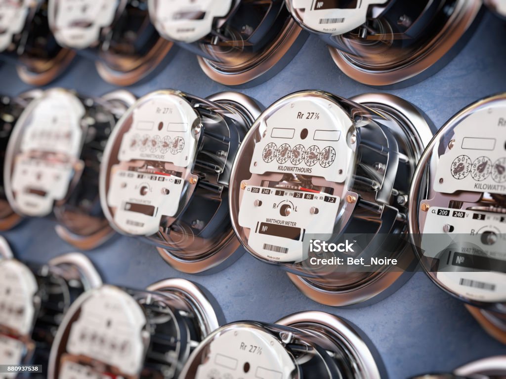 Electric meters in a row measuring power use. Electricity consumption concept. Electric meters in a row measuring power use. Electricity consumption concept. 3d illustration Electricity Stock Photo