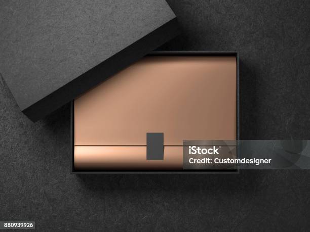 Black Box With Golden Wrapping Paper And Label Sticker Horizontal Stock Photo - Download Image Now