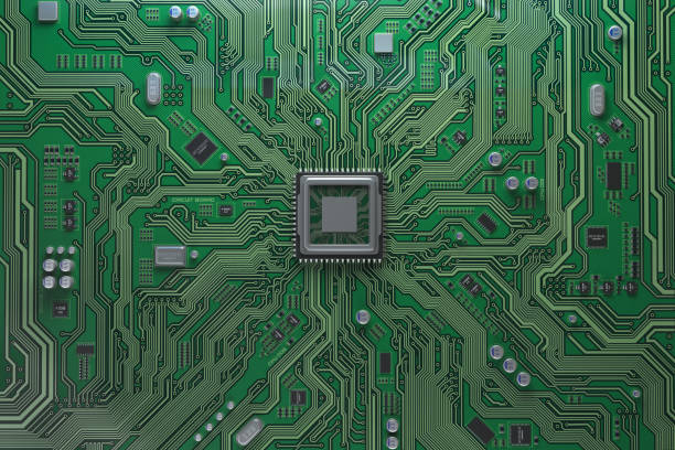 Computer motherboard with CPU. Circuit board system chip with core processor. Computer technology background. Computer motherboard with CPU. Circuit board system chip with core processor. Computer technology background. 3d illustration computer chip stock pictures, royalty-free photos & images