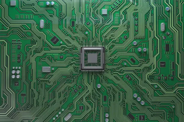 Photo of Computer motherboard with CPU. Circuit board system chip with core processor. Computer technology background.