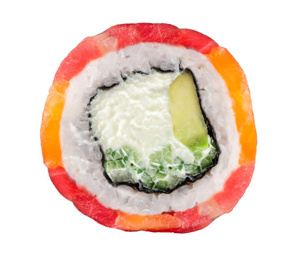 Roll made with tuna, salmon, scallop and avocado