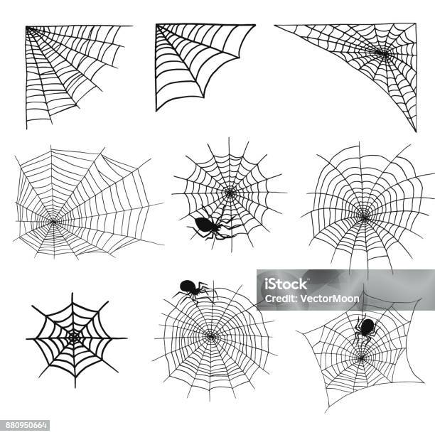 Spiders And Spider Web Silhouette Spooky Nature Halloween Element Vector Cobweb Decoration Fear Spooky Net Stock Illustration - Download Image Now